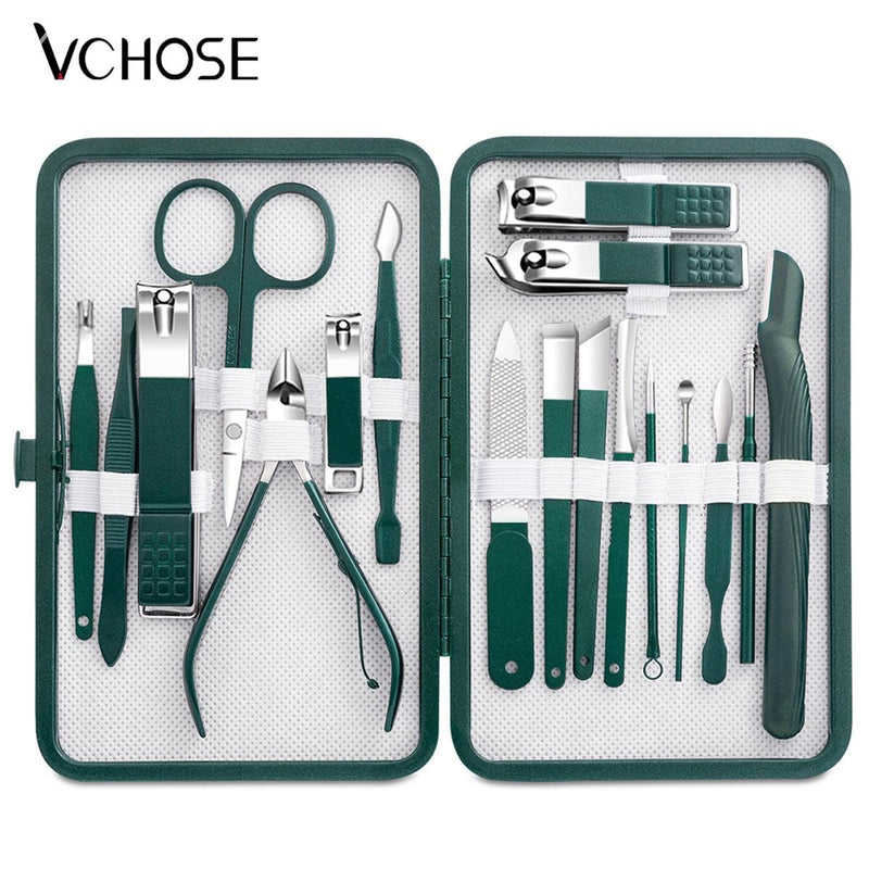Stainless Steel Nail Clipper Set Grooming Tool Set With Portable Case Manicure Art Tool Green Nails Cut - Stornic 